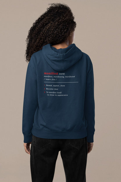 Good Thoughts Centre Hoodie - Achterzijde: Definitie van manifesteren (Engels). Zonder logo. Kleur: French Navy