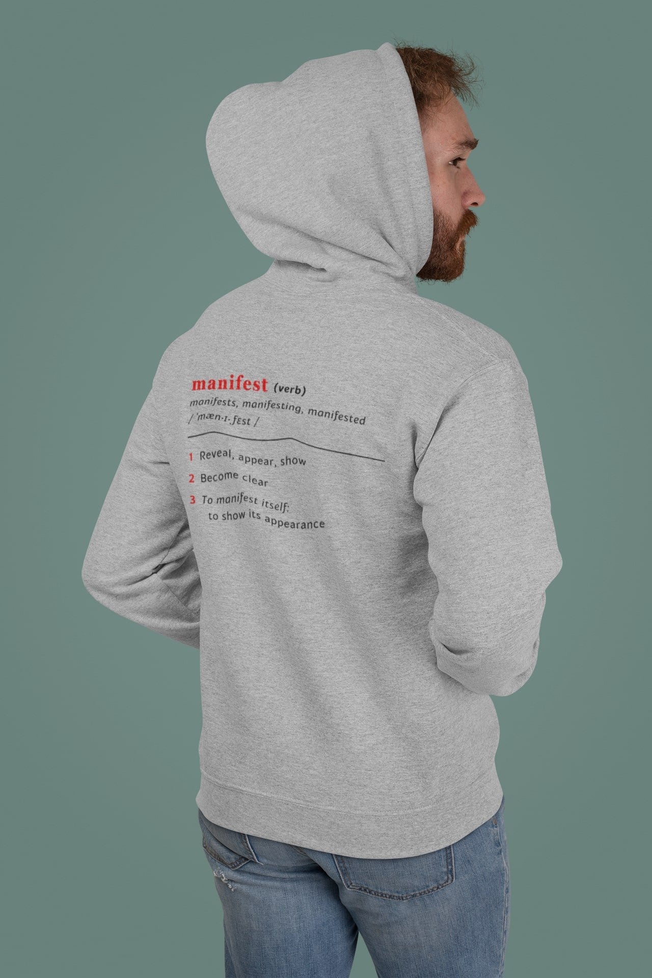 Good Thoughts Centre Hoodie - Achterzijde: Definitie van manifesteren (Engels). Zonder logo. Kleur: Heather Grey