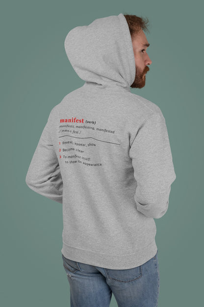 Good Thoughts Centre Hoodie - Achterzijde: Definitie van manifesteren (Engels). Zonder logo. Kleur: Heather Grey