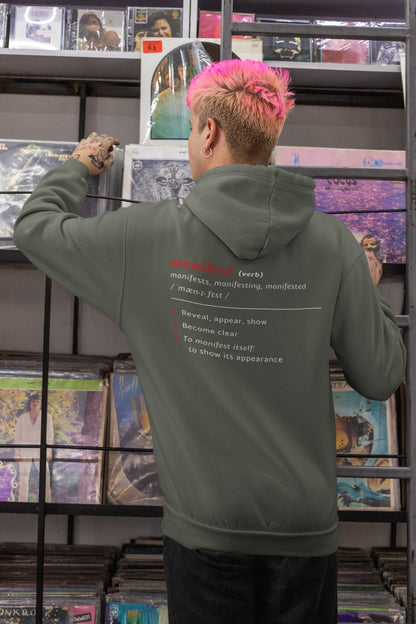 Good Thoughts Centre Hoodie - Achterzijde: Definitie van manifesteren (Engels). Zonder logo. Kleur: Khaki