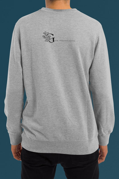 Good Thoughts Centre Sweater - Achterzijde: logo. Kleur: Heather Grey