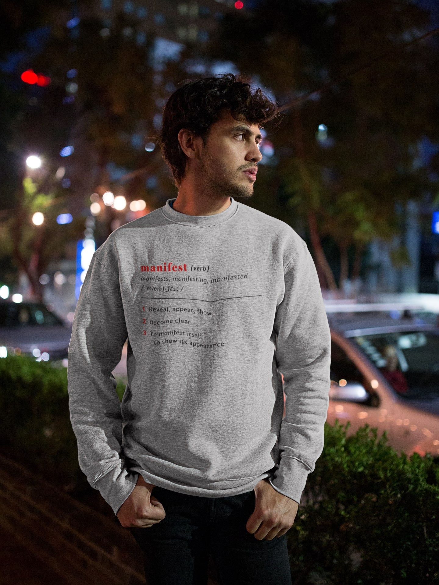 Good Thoughts Centre Sweater - Voorzijde: Definitie van manifesteren (Engels). Kleur: Heather Grey