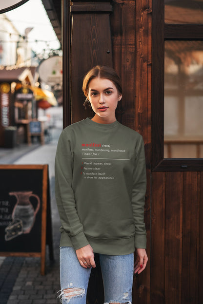 Good Thoughts Centre Sweater - Voorzijde: Definitie van manifesteren (Engels). Kleur: Khaki