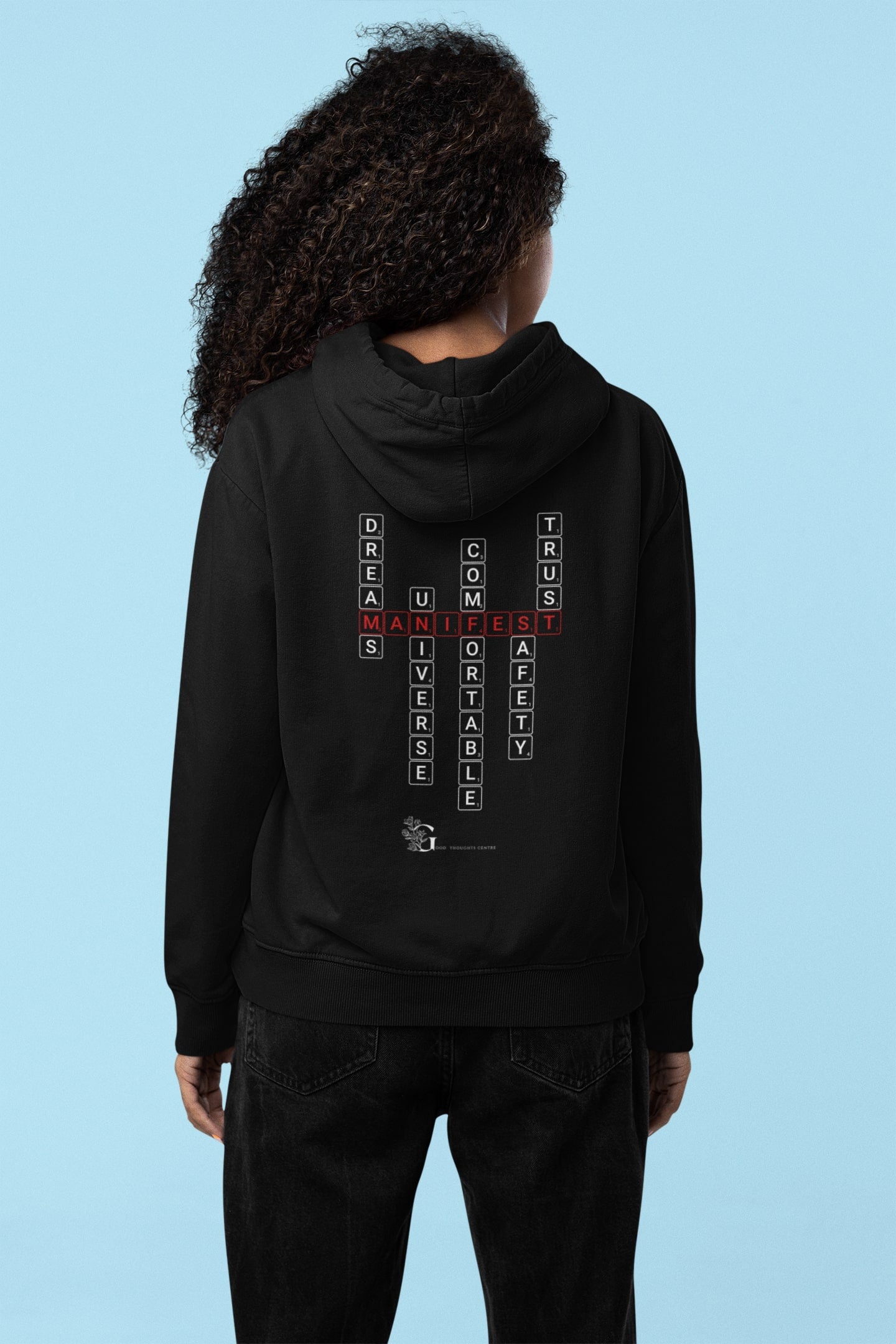 Good Thoughts Centre Sweater - Achterzijde: Scrabble manifesteren (Engels) & GTC logo. Kleur: Black