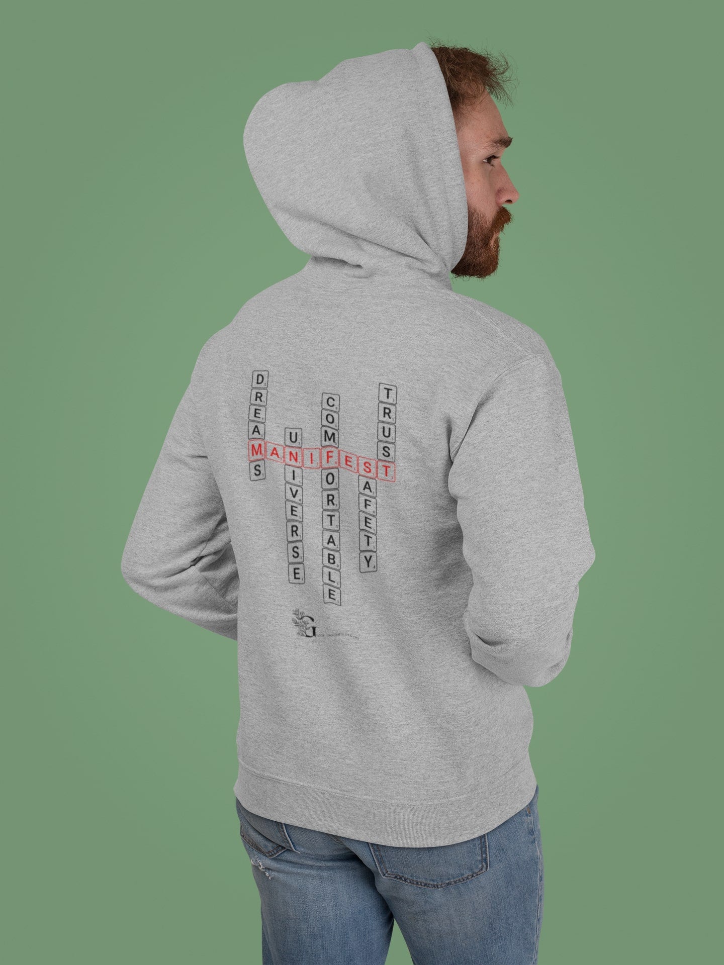 Good Thoughts Centre Sweater - Achterzijde: Scrabble manifesteren (Engels) & GTC logo. Kleur: Heather Grey