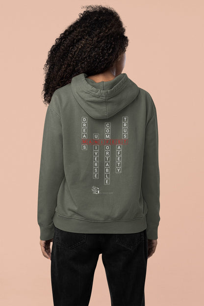 Good Thoughts Centre Sweater - Achterzijde: Scrabble manifesteren (Engels) & GTC logo. Kleur: Khaki