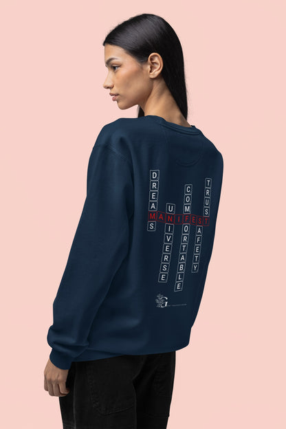 Good Thoughts Centre Sweater - Achterzijde: Scrabble manifesteren (Engels) & GTC logo. Kleur: French Navy