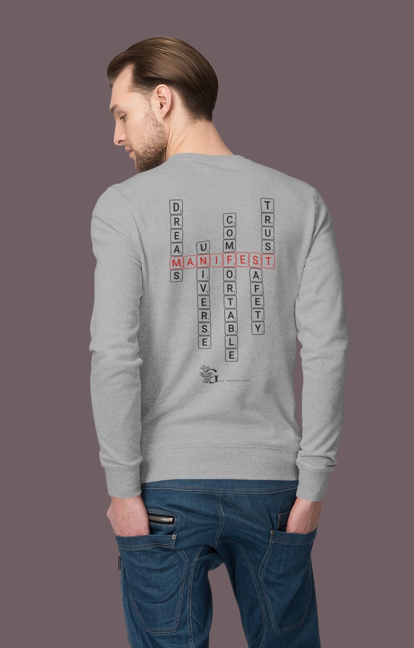 Good Thoughts Centre Sweater - Achterzijde: Scrabble manifesteren (Engels) & GTC logo. Kleur: Heather Grey