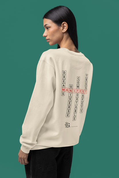 Good Thoughts Centre Sweater - Achterzijde: Scrabble manifesteren (Engels) & GTC logo. Kleur: Natural Raw