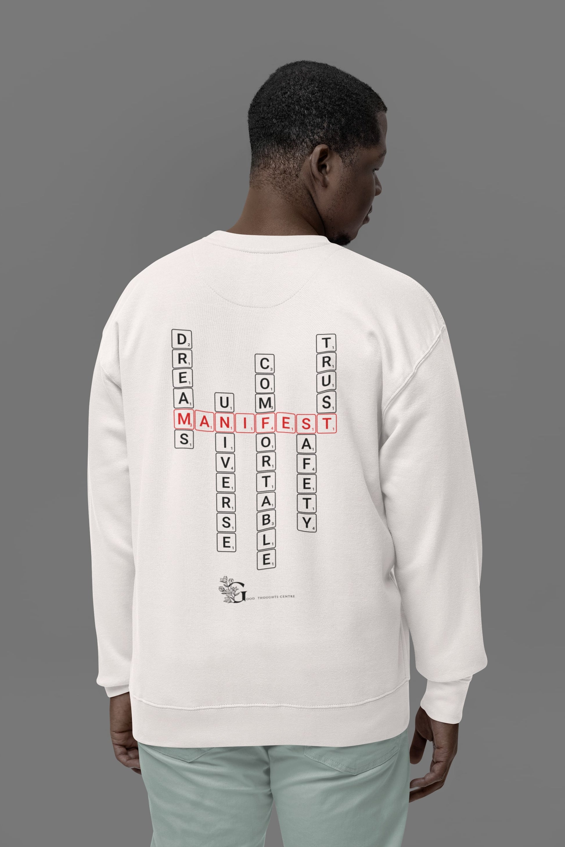 Good Thoughts Centre Sweater - Achterzijde: Scrabble manifesteren (Engels) & GTC logo. Kleur: Off White