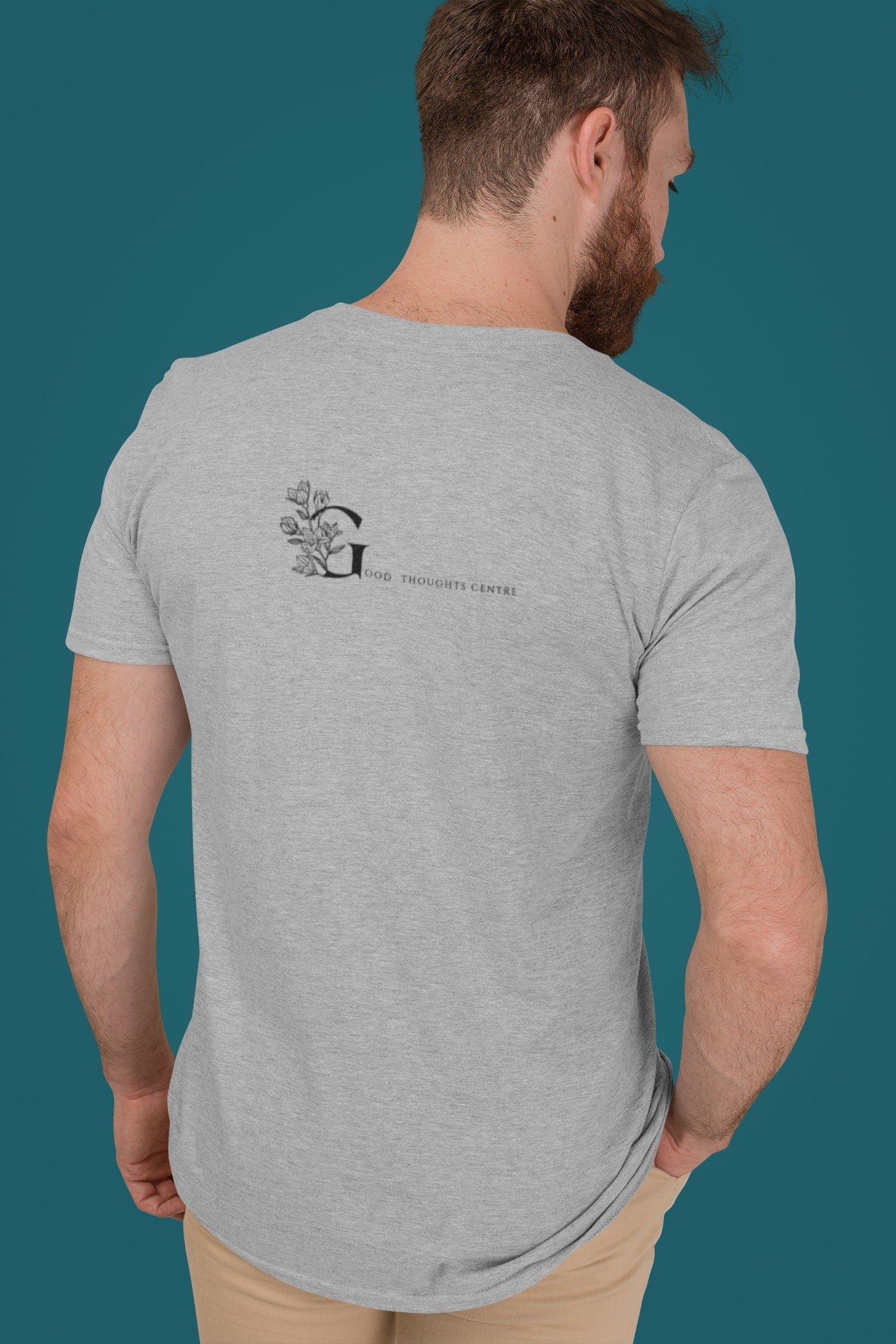 Good Thoughts Centre T-shirt - Achterzijde: GTC Logo. Kleur: Heather Grey