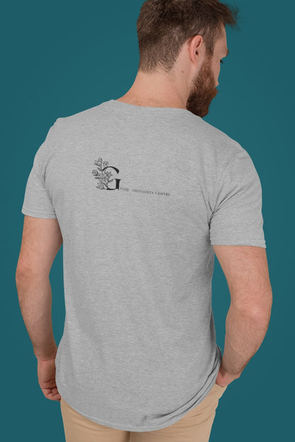 Good Thoughts Centre T-shirt - Achterzijde: GTC Logo. Kleur: Heather Grey