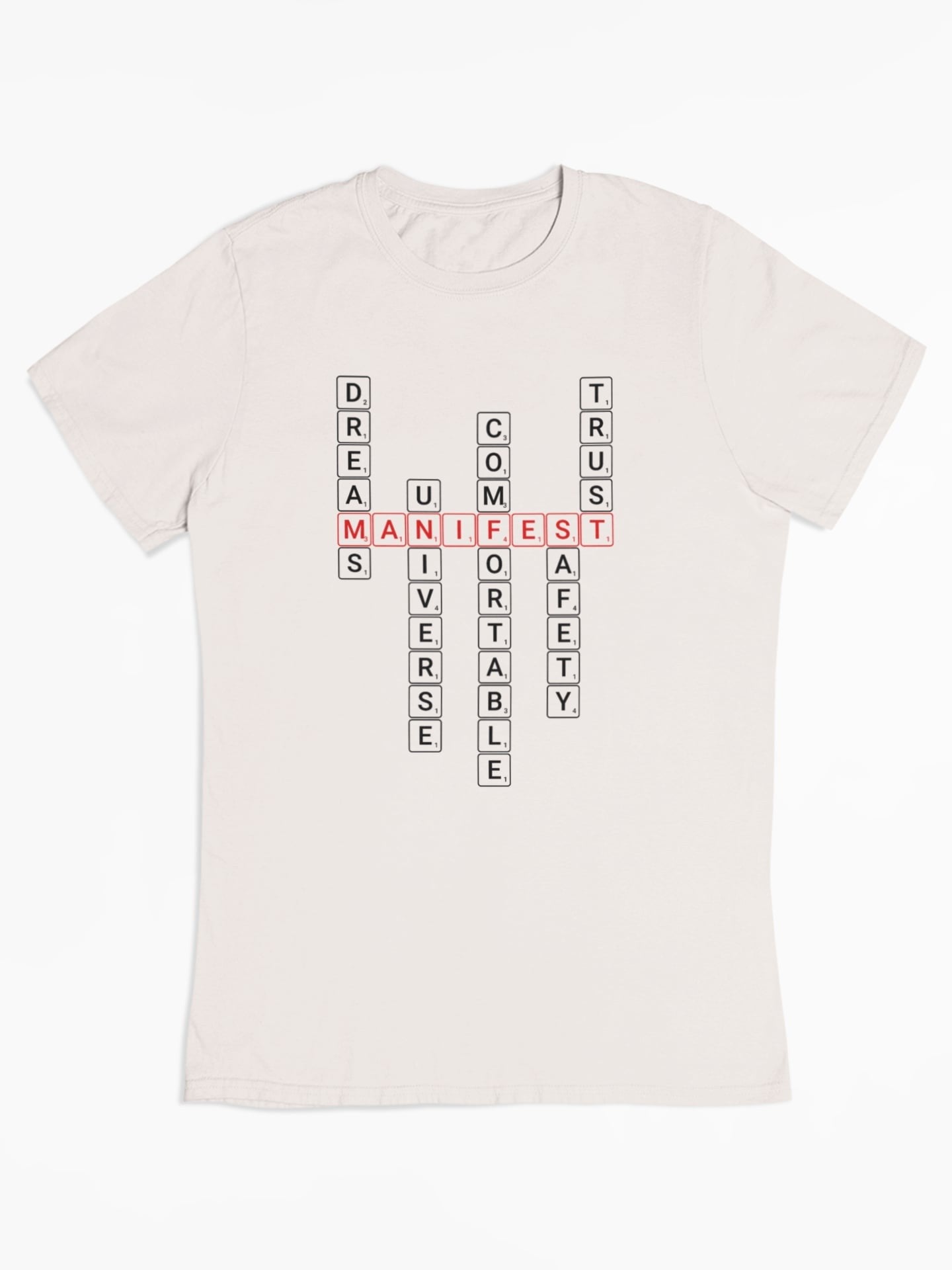 Good Thoughts Centre T-shirt - Voorzijde: Scrabble manifesteren (Engels). Achterzijde: Blanco. Kleur: Off White