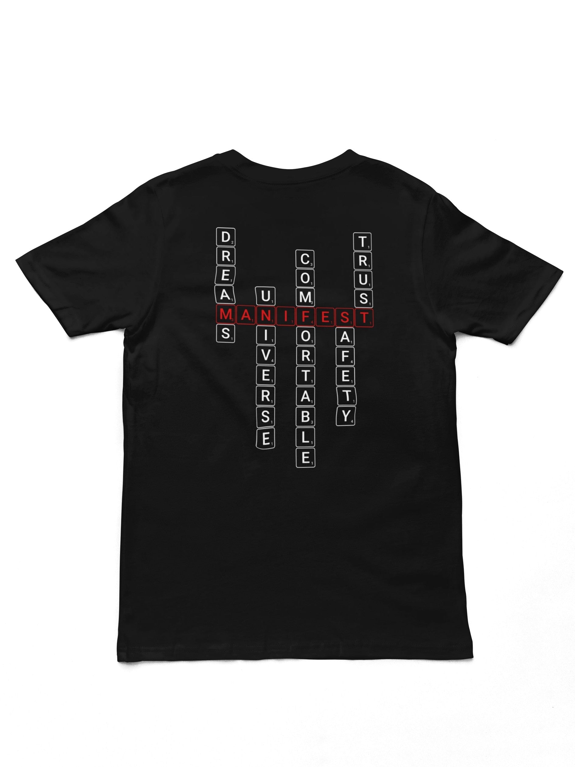 Good Thoughts Centre T-shirt - Achterzijde: Scrabble manifesteren (Engels). Kleur: Black