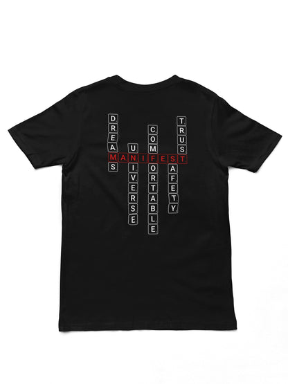 Good Thoughts Centre T-shirt - Achterzijde: Scrabble manifesteren (Engels). Kleur: Black