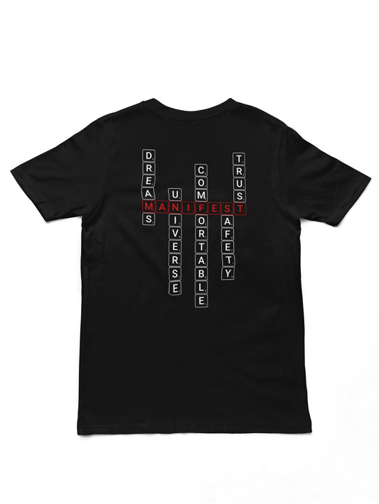 Good Thoughts Centre T-shirt - Achterzijde: Scrabble manifesteren (Engels). Kleur: Black