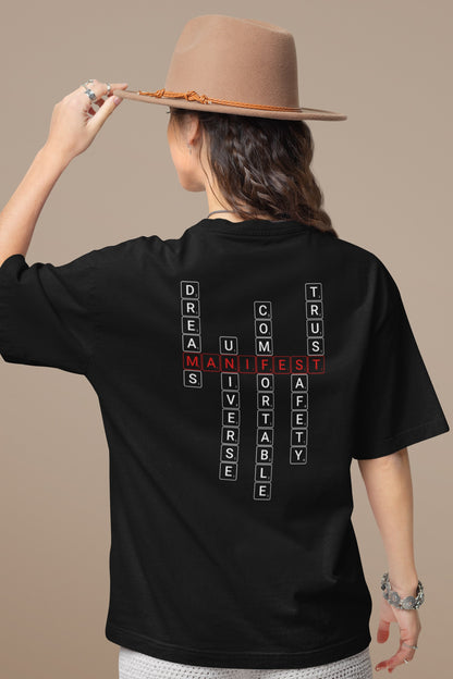Good Thoughts Centre T-shirt - Achterzijde: Scrabble manifesteren (Engels). Kleur: Black