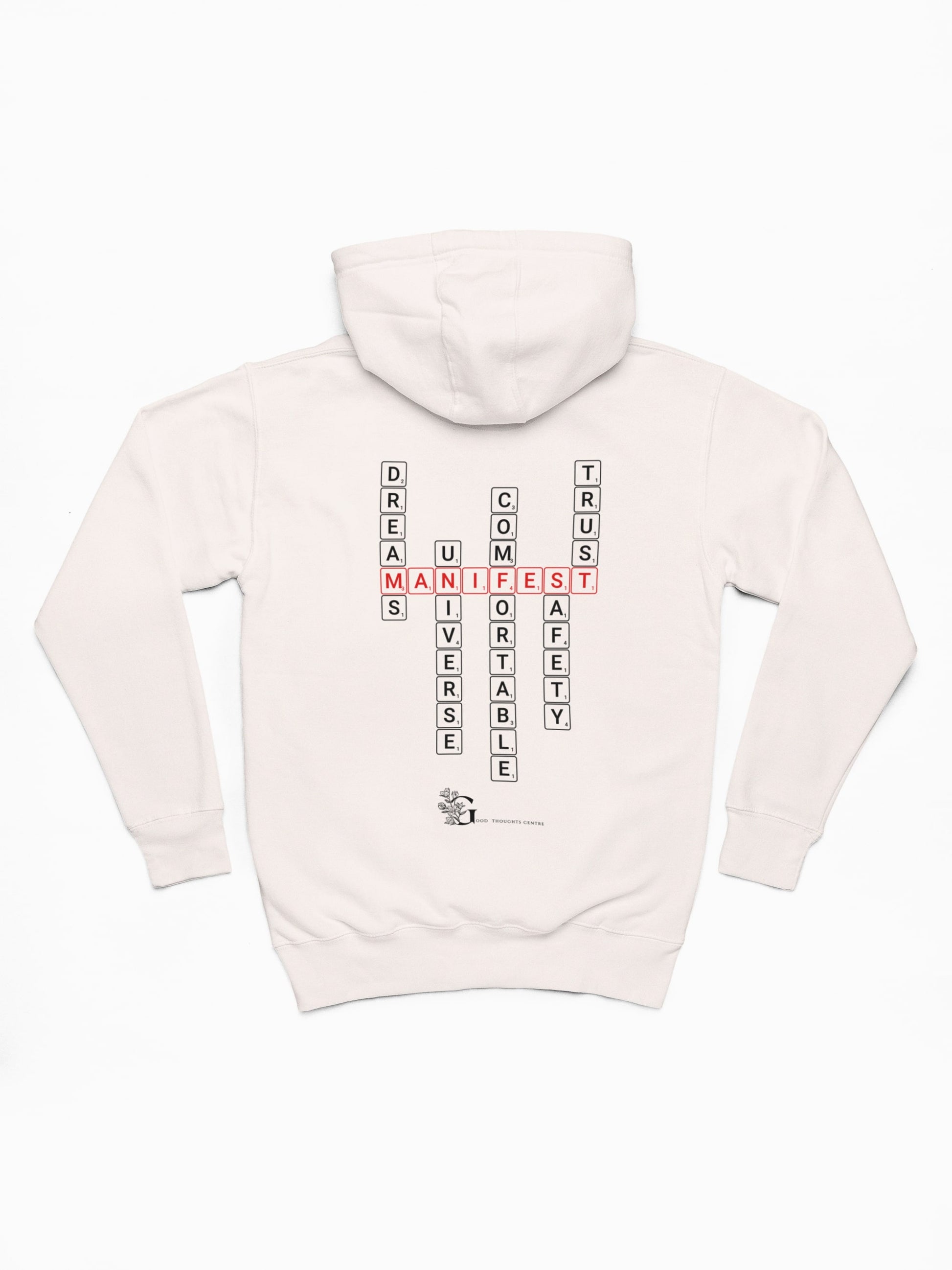 Good Thoughts Centre Sweater - Achterzijde: Scrabble manifesteren (Engels) & GTC logo. Kleur: Off White