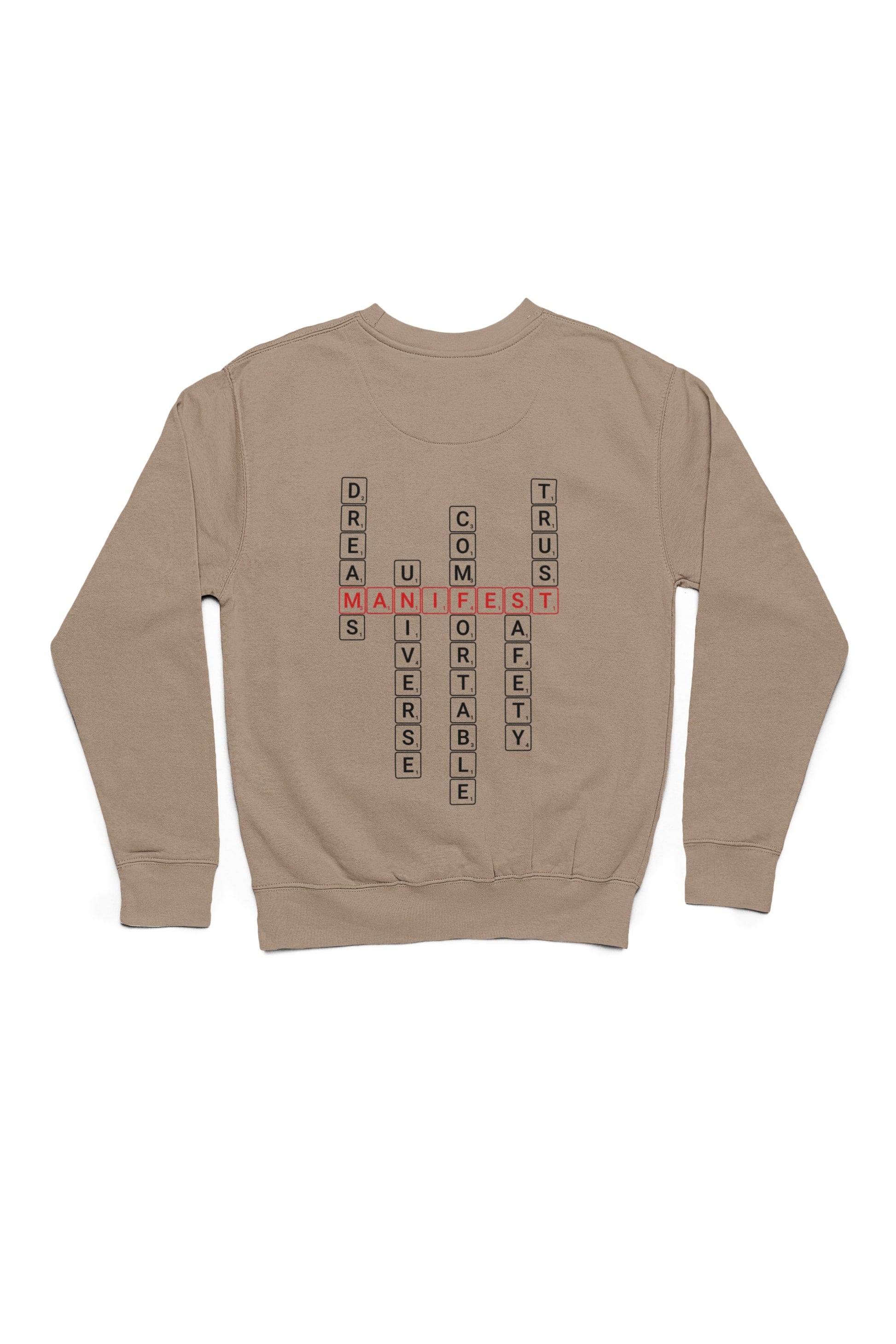 Good Thoughts Centre Sweater - achterzijde: Scrabble manifesteren (Engels). Zonder logo. Kleur: Desert Dust