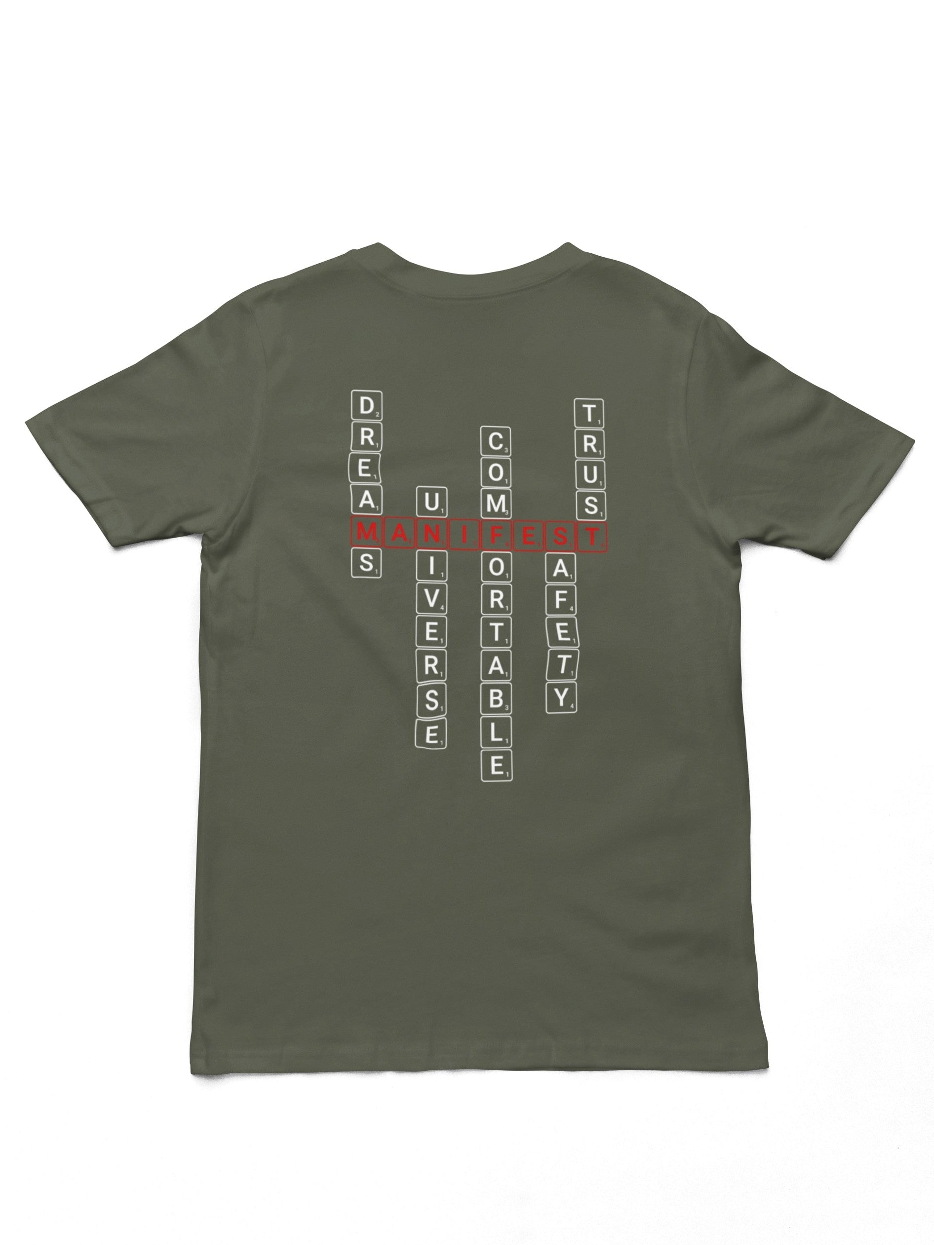 Good Thoughts Centre T-shirt - Achterzijde: Scrabble manifesteren (Engels). Kleur: Khaki