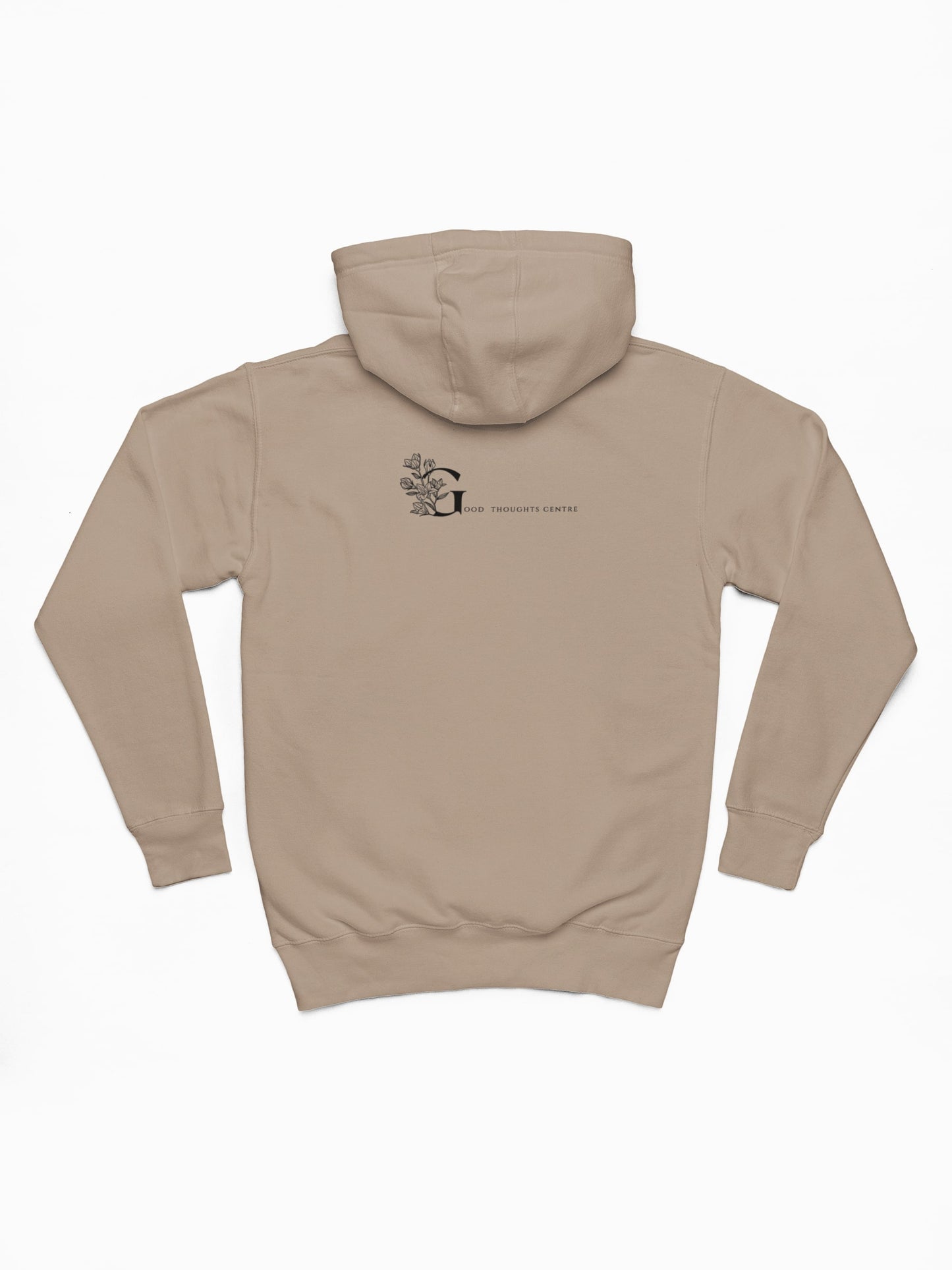 Good Thoughts Centre Hoodie Scrabble - Achterzijde: logo GTC. Kleur: Desert Dust