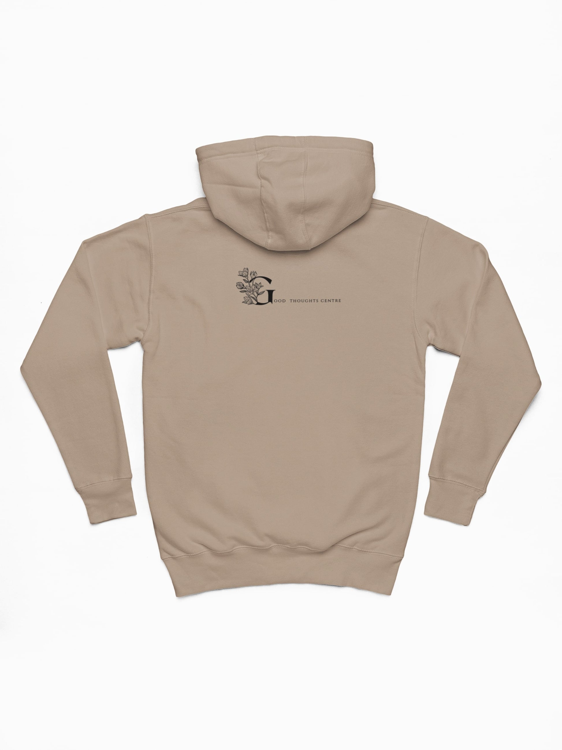Good Thoughts Centre Hoodie Scrabble - Achterzijde: logo GTC. Kleur: Desert Dust