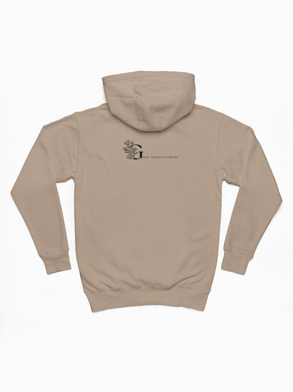 Good Thoughts Centre Hoodie Scrabble - Achterzijde: logo GTC. Kleur: Desert Dust