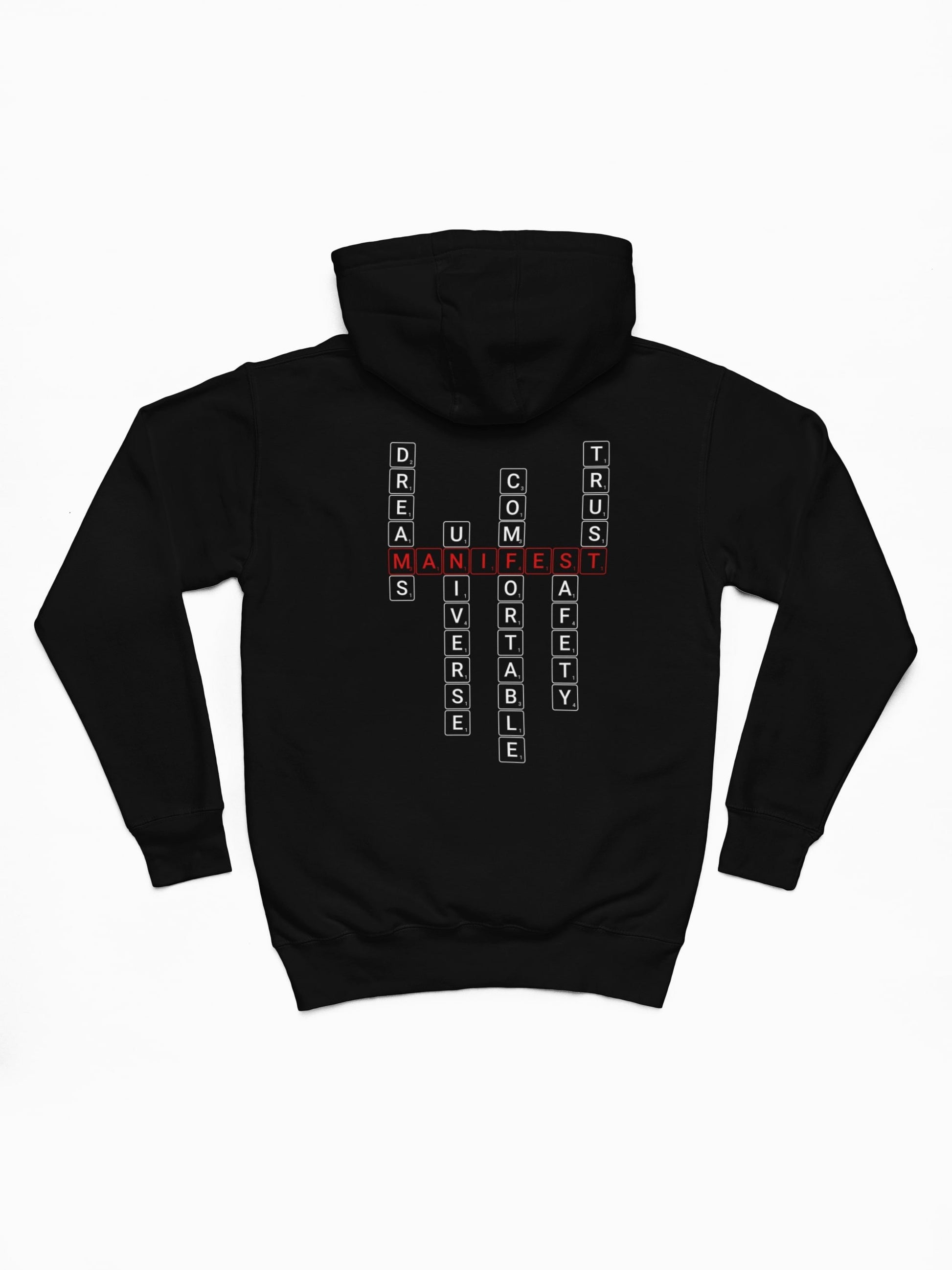 Good Thoughts Centre Hoodie - Achterzijde: Scrabble manifesteren (Engels). Zonder GTC logo. Kleur: Black