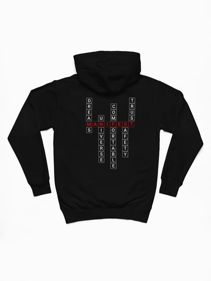 Good Thoughts Centre Hoodie - Achterzijde: Scrabble manifesteren (Engels). Zonder GTC logo. Kleur: Black