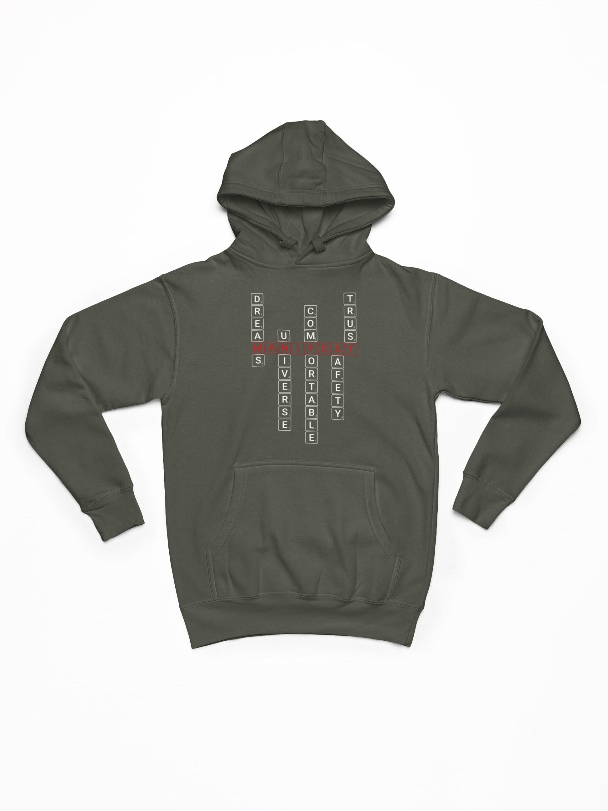 Good Thoughts Centre Hoodie - Voorzijde: Scrabble manifesteren (Engels). Geen logo. Kleur: Khaki