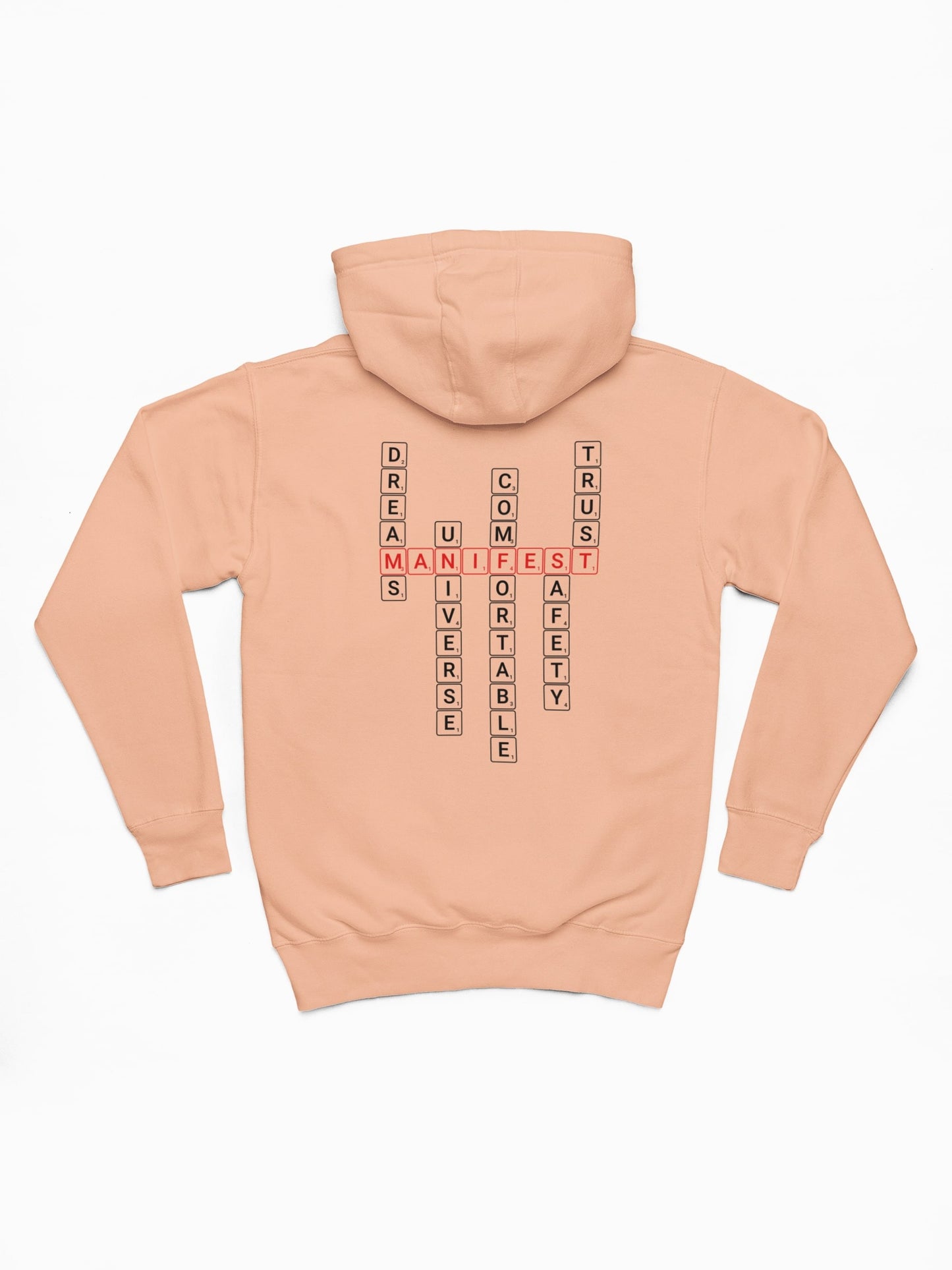 Good Thoughts Centre Hoodie - Achterzijde: Scrabble manifesteren (Engels). Kleur: Fraiche Peche