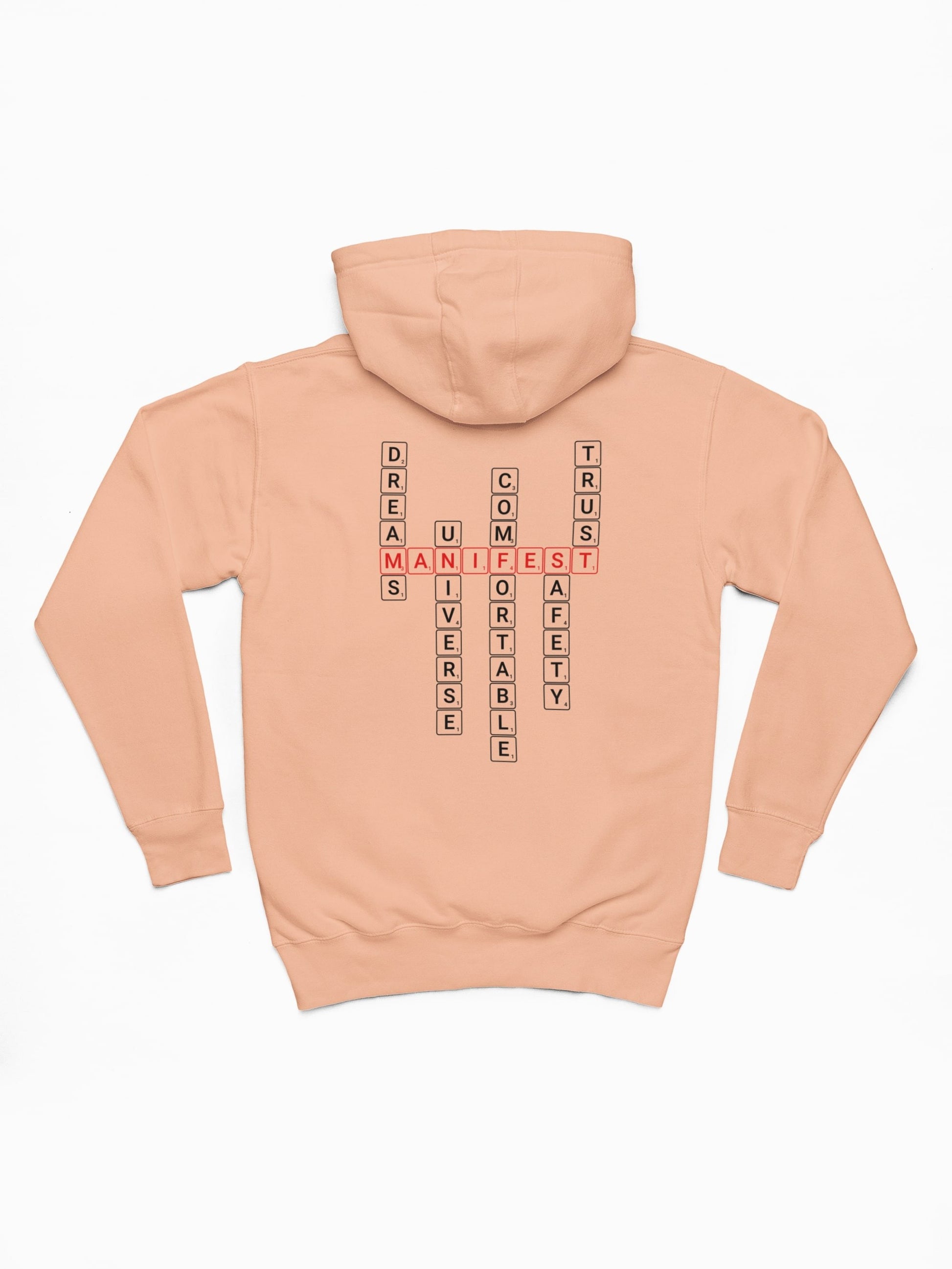Good Thoughts Centre Hoodie - Achterzijde: Scrabble manifesteren (Engels). Kleur: Fraiche Peche