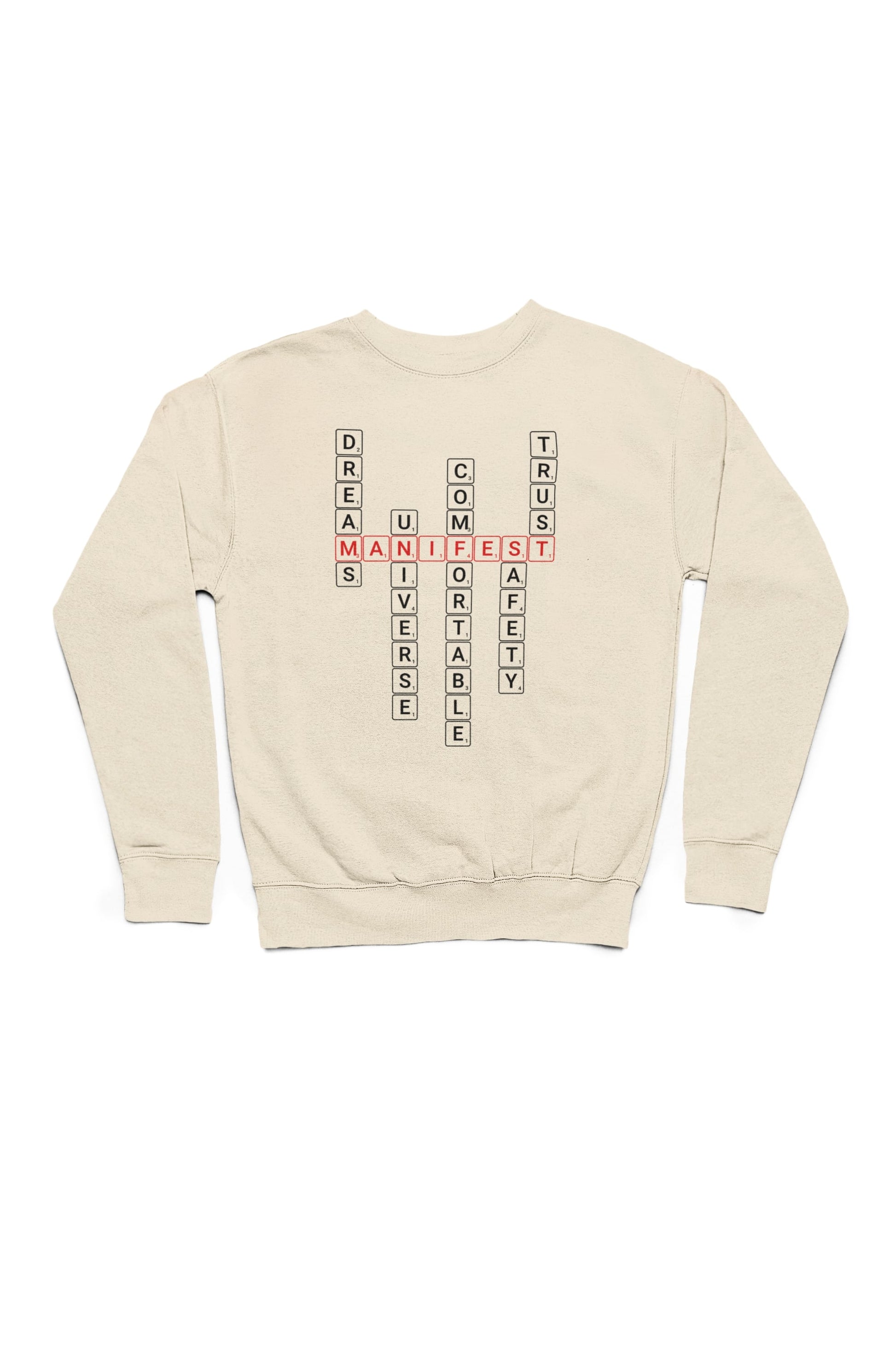 Good Thoughts Centre Sweater - Voorzijde: Scrabble manifesteren (Engels). Kleur: Natural Raw