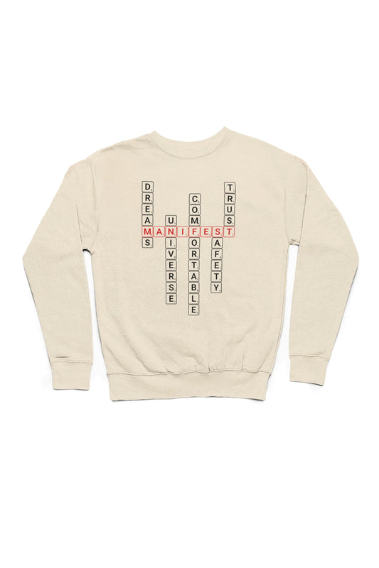 Good Thoughts Centre Sweater - Voorzijde: Scrabble manifesteren (Engels). Kleur: Natural Raw