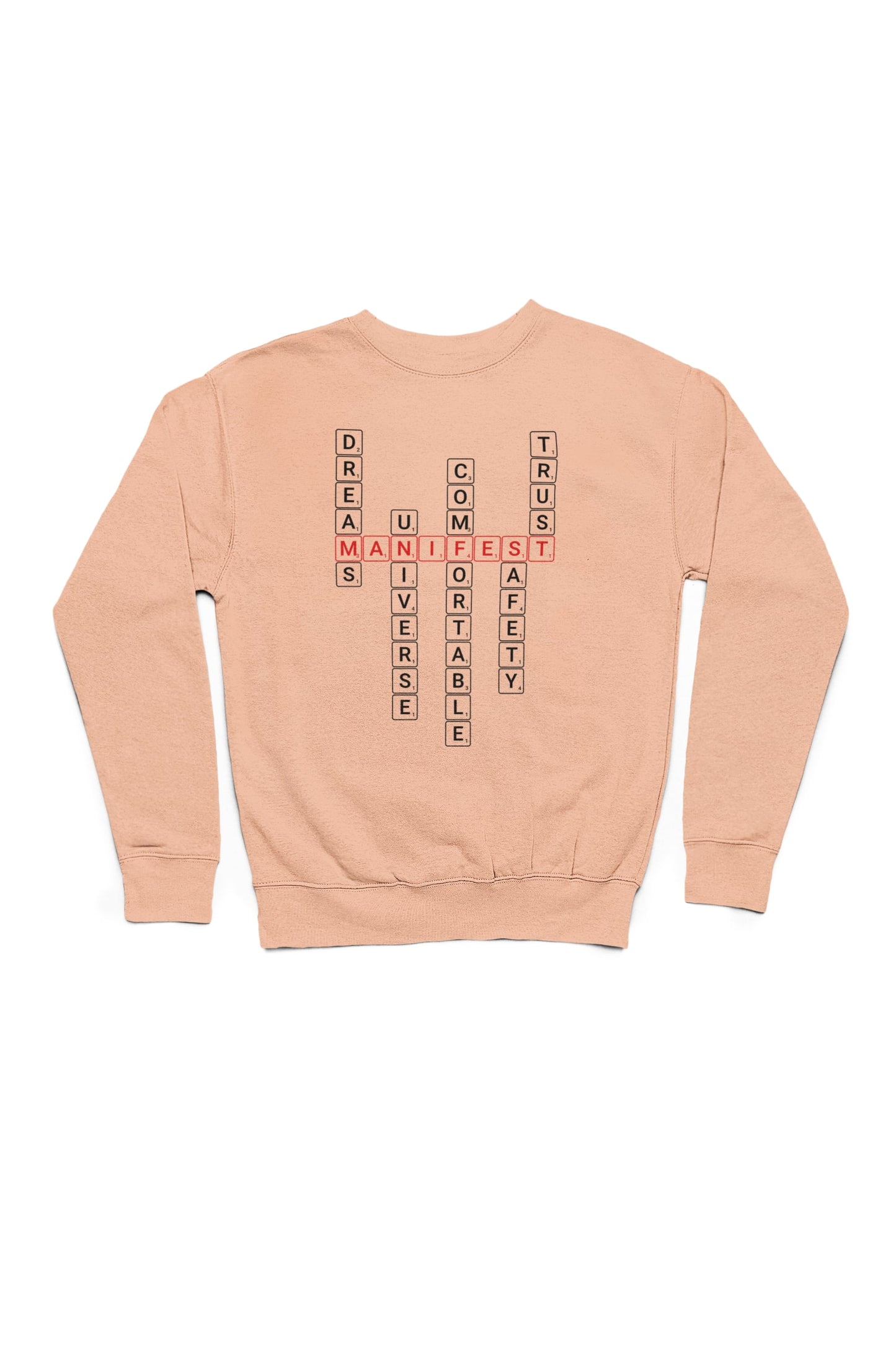 Good Thoughts Centre Sweater - voorzijde: Scrabble manifesteren (Engels). Zonder logo. Kleur: Fraiche Peche