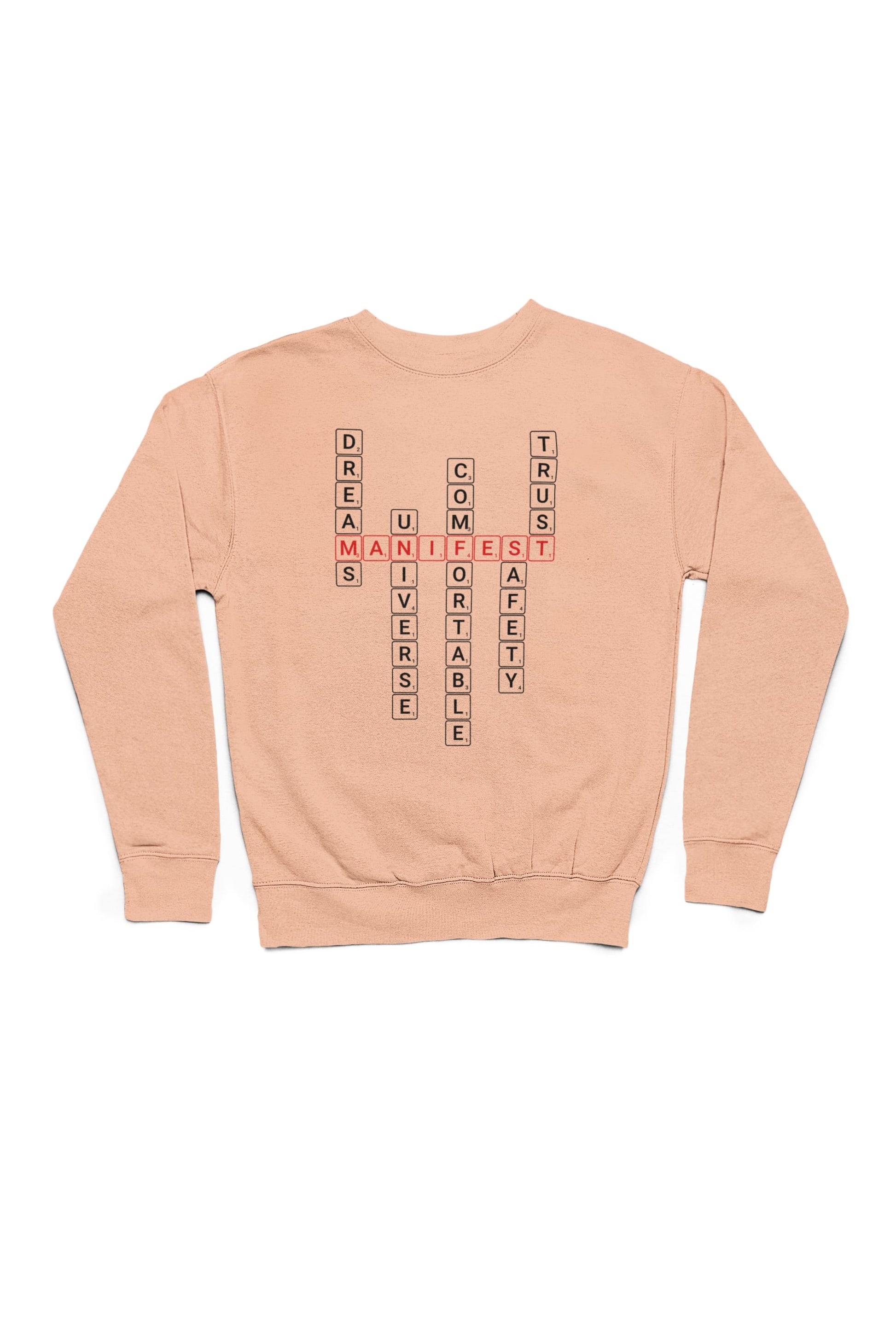 Good Thoughts Centre Sweater - voorzijde: Scrabble manifesteren (Engels). Zonder logo. Kleur: Fraiche Peche