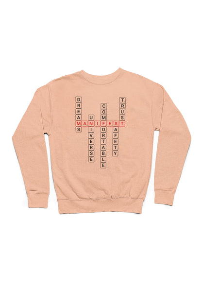 Good Thoughts Centre Sweater - voorzijde: Scrabble manifesteren (Engels). Zonder logo. Kleur: Fraiche Peche