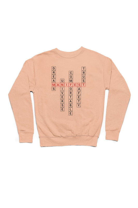 Good Thoughts Centre Sweater - voorzijde: Scrabble manifesteren (Engels). Zonder logo. Kleur: Fraiche Peche