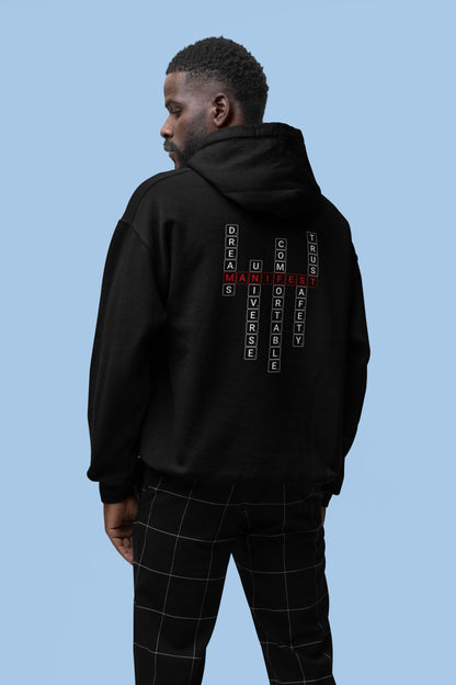 Good Thoughts Centre Hoodie - Achterzijde: Scrabble manifesteren (Engels). Kleur: Black