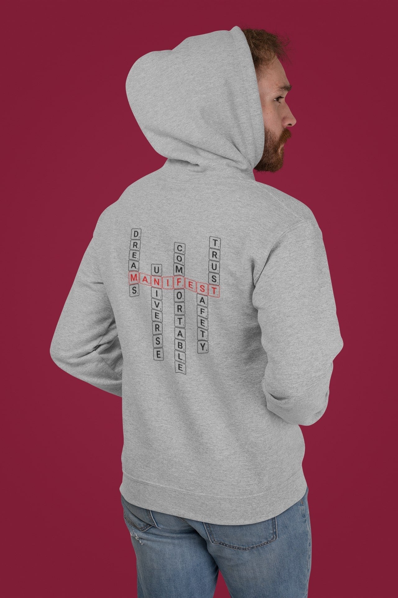 Good Thoughts Centre Hoodie - Achterzijde: Scrabble manifesteren (Engels). Kleur: Heather Grey