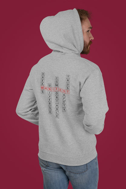 Good Thoughts Centre Hoodie - Achterzijde: Scrabble manifesteren (Engels). Kleur: Heather Grey