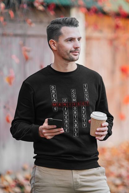 Good Thoughts Centre Sweater - Voorzijde: Scrabble manifesteren (Engels). Kleur: Black