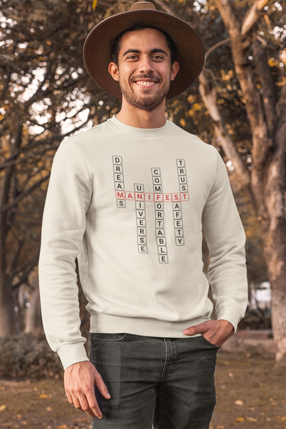 Good Thoughts Centre Sweater - Voorzijde: Scrabble manifesteren (Engels). Kleur: Natural Raw