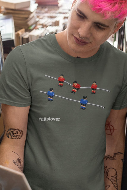 Tafelvoetbal T-shirt hashtag uitslover - 100% biologisch katoen - Kleur: Khaki
