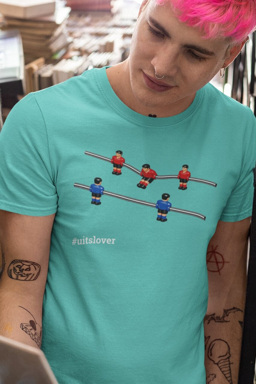 Tafelvoetbal T-shirt hashtag uitslover - 100% biologisch katoen - Kleur: Pool Blue