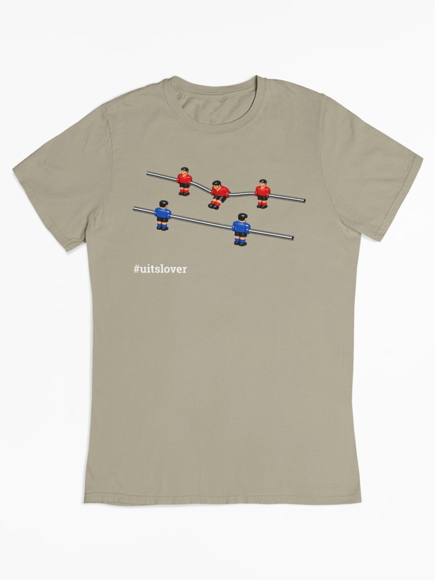 Tafelvoetbal T-shirt hashtag uitslover flat lay - 100% biologisch katoen - Kleur: Stone