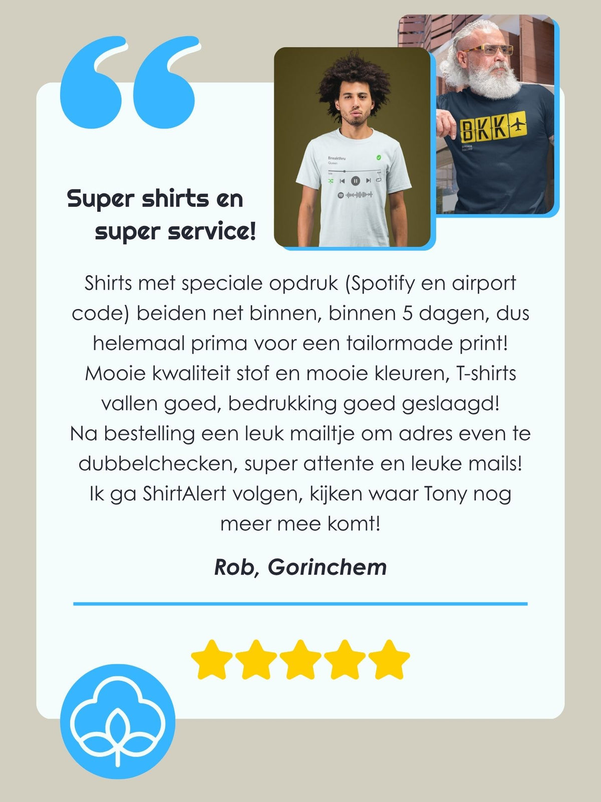 Vijf sterren review Shirt Alert. Spotify code shirt en Airport code shirt.