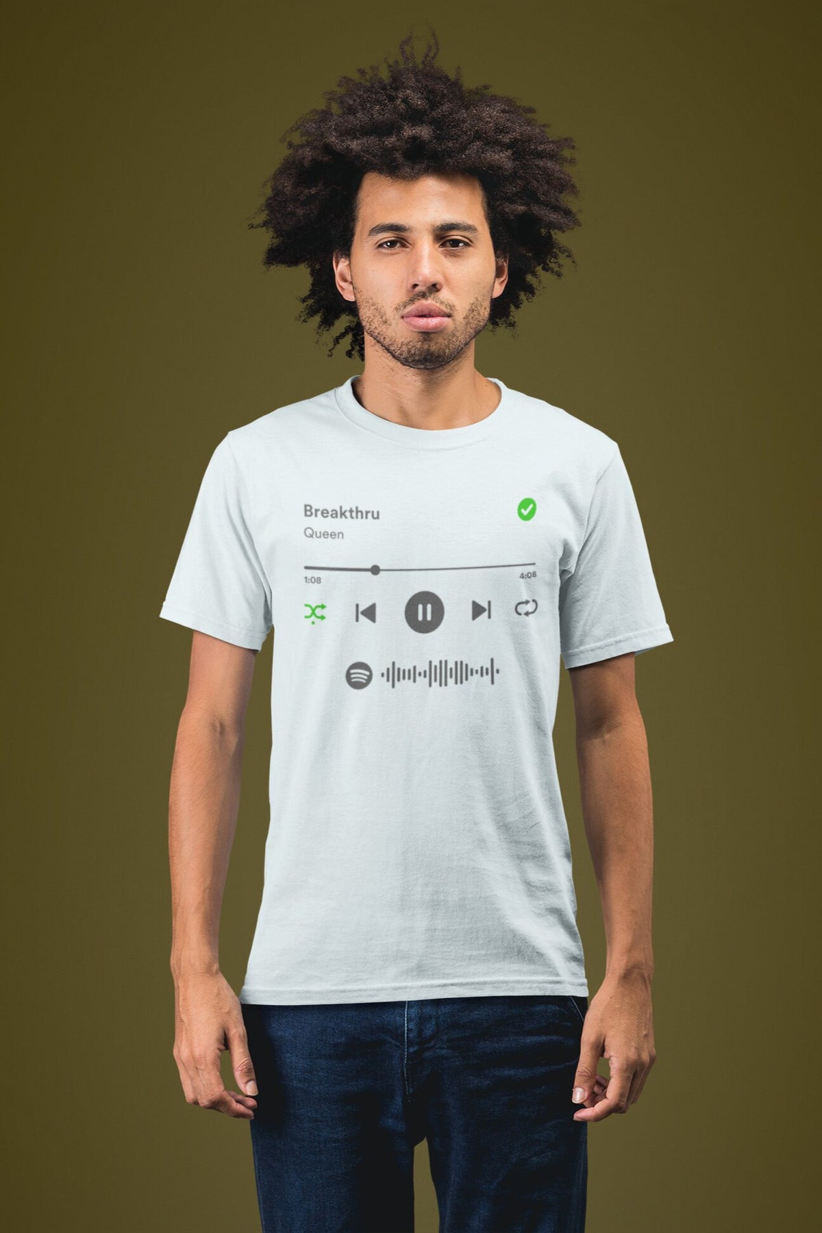 Spotify Player shirt van biologisch katoen met scanbare Spotify code! Je bepaalt natuurlijk zelf welk nummer er wordt afgespeeld. - Kleur: Blue Ice
