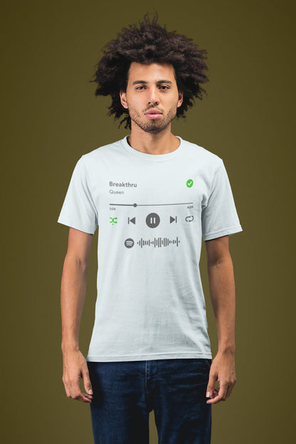 Spotify Player shirt van biologisch katoen met scanbare Spotify code! Je bepaalt natuurlijk zelf welk nummer er wordt afgespeeld. - Kleur: Blue Ice
