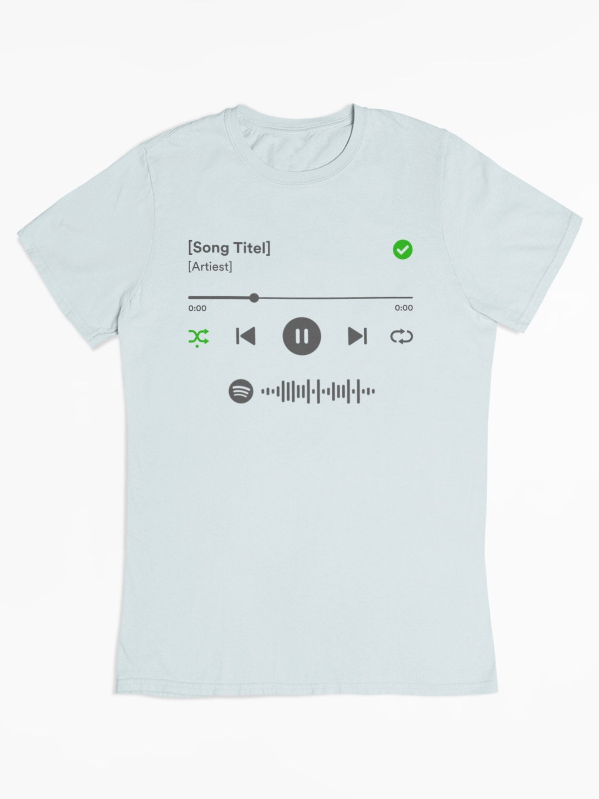 
Spotify Player shirt van biologisch katoen met scanbare Spotify code! Je bepaalt natuurlijk zelf welk nummer er wordt afgespeeld. - Flat lay - Kleur: Blue Ice